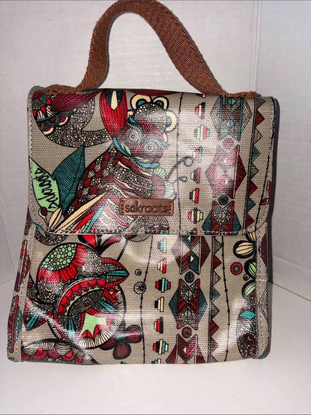 Sakroots Multicolor Patterned Canvas Tote - lunchbag with Red & Teal Accent